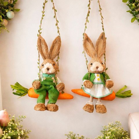 Casal Decorativo Coelho Páscoa Sentado Balanço Cenoura 60cm