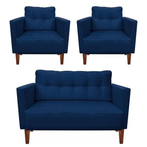 Kit Sofá Retrô Namoradeira 2 Lugares e 2 Poltronas Livia Suede Azul Marinho - D'Rossi