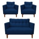 Ver imagem 1 de Kit Sofá Retrô Namoradeira 2 Lugares e 2 Poltronas Livia Suede Azul Marinho - D'Rossi
