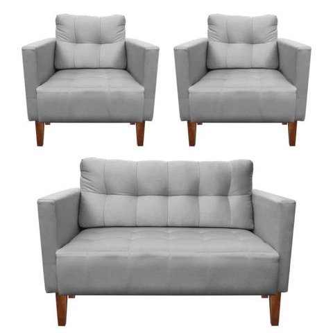 Kit Sofá Retrô Namoradeira 2 Lugares e 2 Poltronas Livia Suede Cinza - D'Rossi