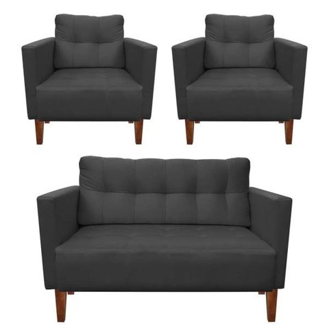 Kit Sofá Retrô Namoradeira 2 Lugares e 2 Poltronas Livia Suede Grafite - D'Rossi