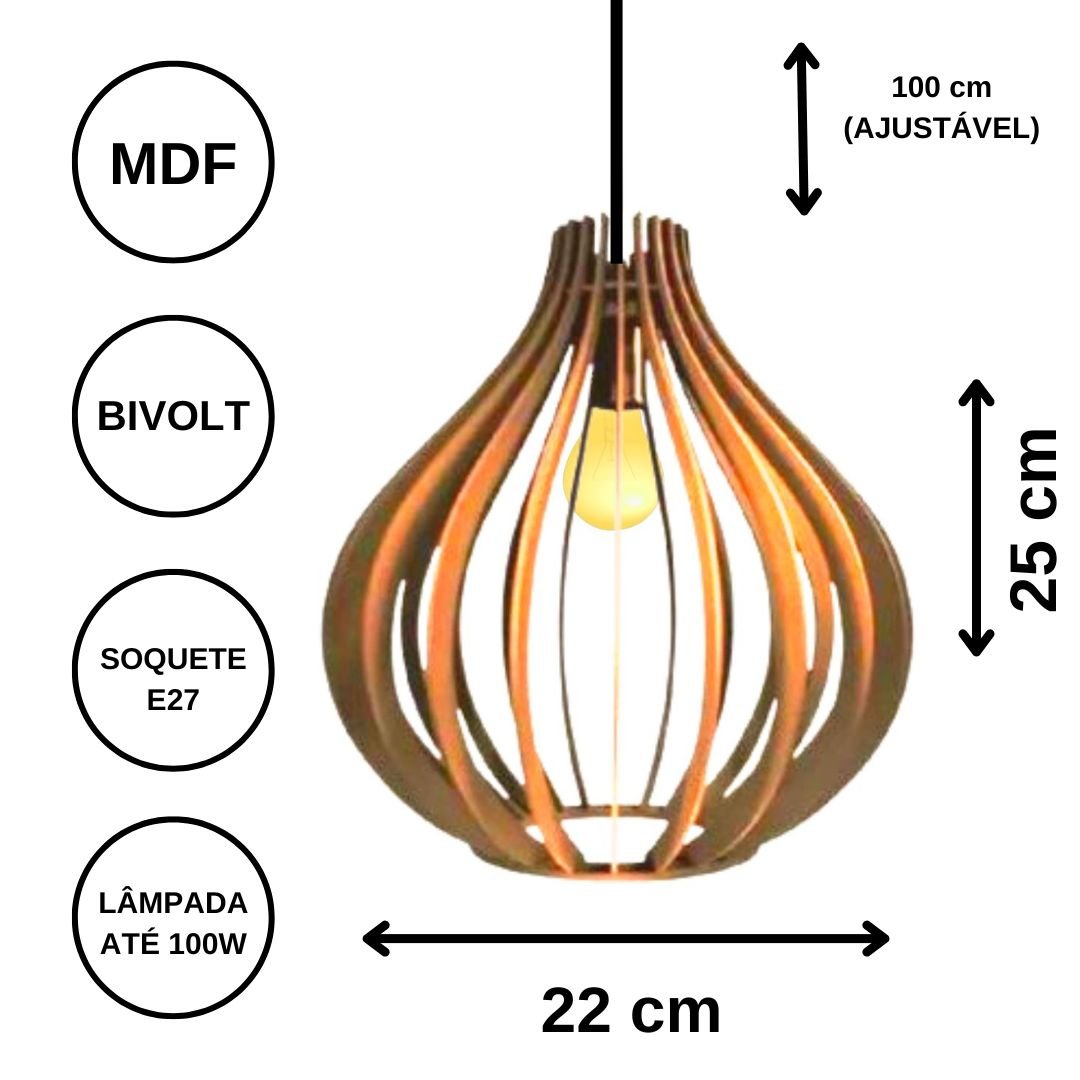 Luminária Teto tipo Pendente FILIPINAS MDF - Completa - Cor: Marrom - 3