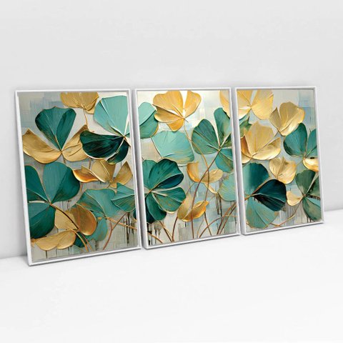 Kit Quadro Decorativo 3 Telas Canvas Flores em Pinceladas Tacolado Moldura Flutuante 4,5cm Branca 40