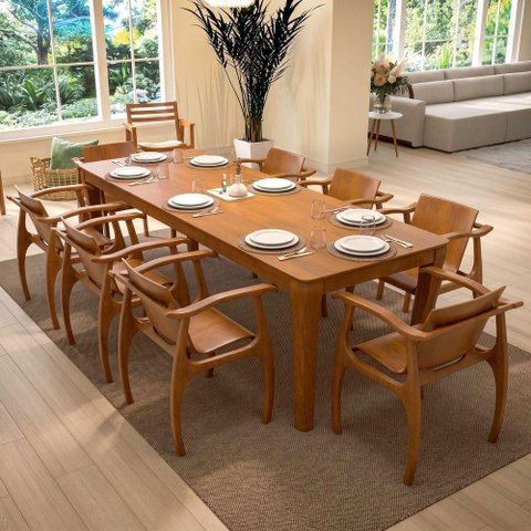 Conjunto de Mesa de Jantar Cancun 8 Lugares Tampo MDF Cadeiras em Madeira Maciça Amêndoa 250cm