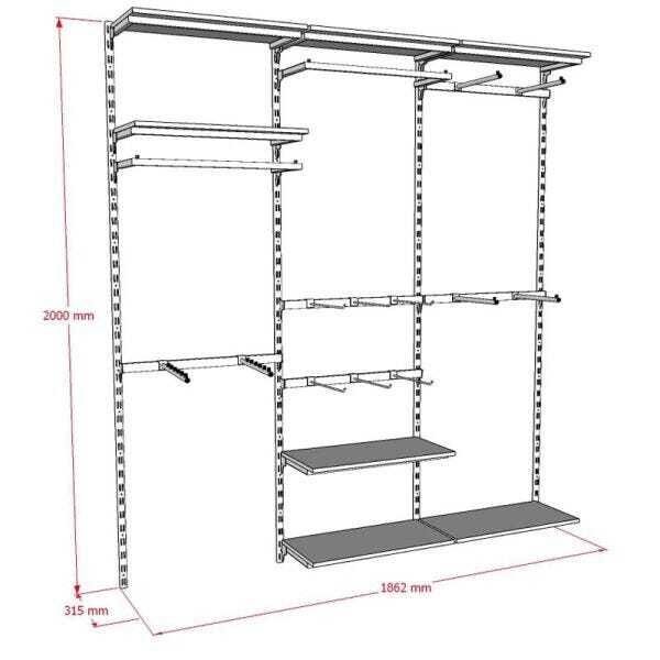 Conjunto Comac 3 estantes cremalheira com acessórios tamanho 186 cm x 200 cm (tipo Closet) - Preto - 2