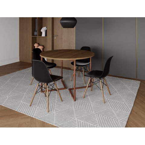 Mesa Industrial Base Ferro Cobre em V Tampo 110cm Amêndoa 4 Cadeiras Eames Madeira Assento Preto