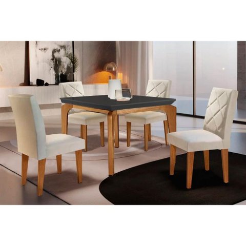 Sala de Jantar Completa Londrina Tampo Madeirado C/ Vidro Curvo 120x80 e 4 Cadeiras Melissa Imbuia