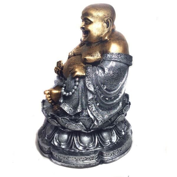 Estátua Buda Chinês Sorridente da Riqueza Flor de Lótus 24cm - 1031 - 3