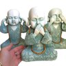 Trio de Estátuas Monge Buda Sábios Cego, Surdo e Mudo Verde 23cm - 2