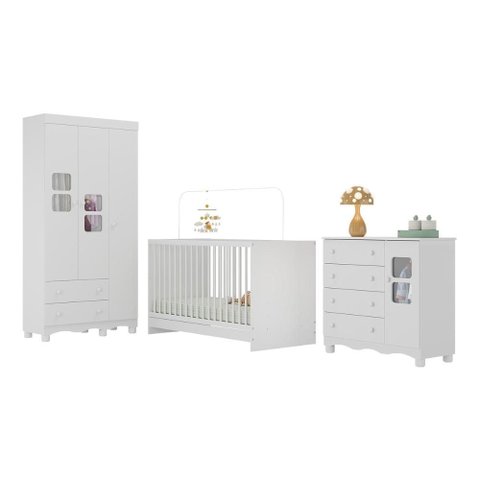 Quarto de Bebê Completo com Berço 3 em 1 para Colchão 130x60cm Luna Multimóveis Mp4528 Branco