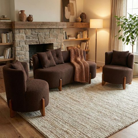 Conjunto 2 Poltronas + Sofá Curvo Orgânico Luna Boucle Marrom - Montanaris Decor