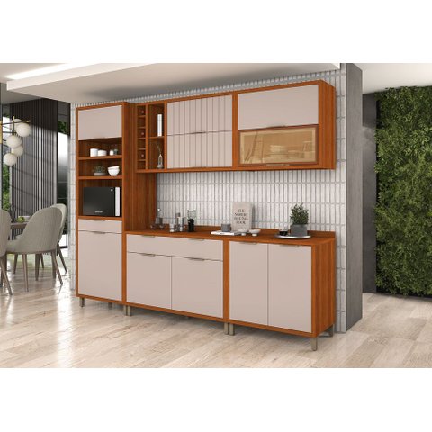 Cozinha 5 Módulos Espelhada/Ripado - Torre - Aéreo c/ Adega - Aéreo - 2 Balcão - Cina/Connect/Ripado