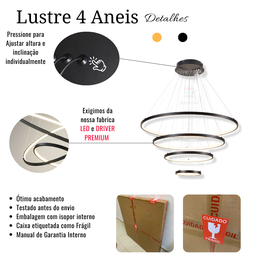 Lustre Pendente Moderno Anéis Led 4 Arcos 80cm Pe Direito Duplo Preto Bivolt Equipe Led - 2
