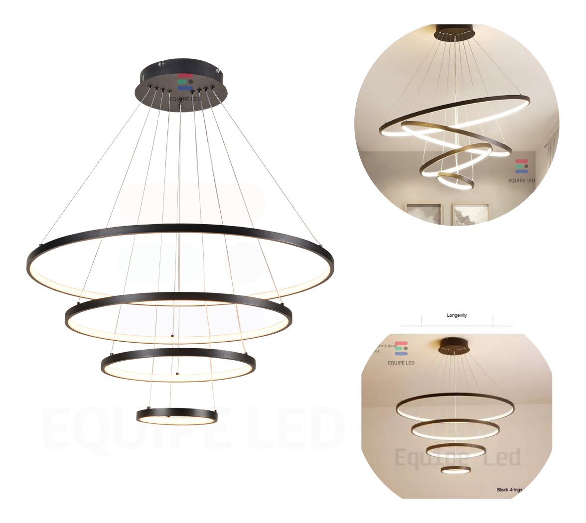 Lustre Pendente Moderno Anéis Led 4 Arcos 80cm Pe Direito Duplo Preto Bivolt Equipe Led