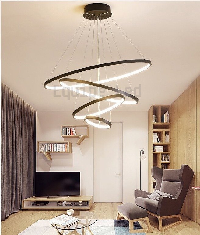 Lustre Pendente Moderno Anéis Led 4 Arcos 80cm Pe Direito Duplo Preto Bivolt Equipe Led - 5