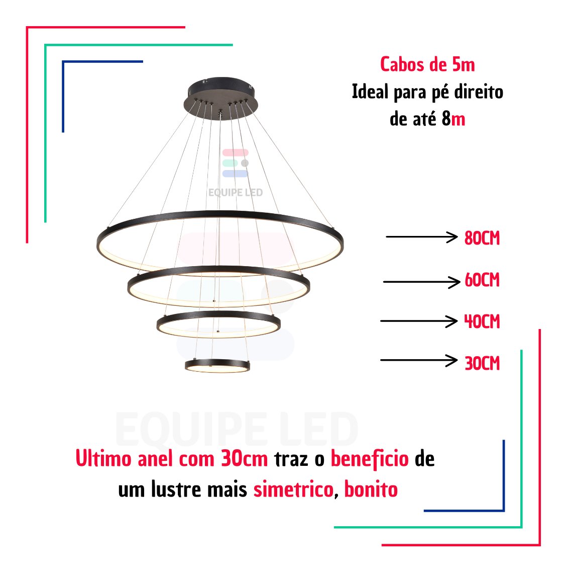 Lustre Pendente Moderno Anéis Led 4 Arcos 80cm Pe Direito Duplo Preto Bivolt Equipe Led - 3