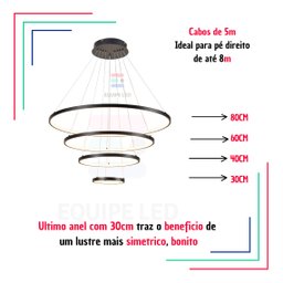Lustre Pendente Moderno Anéis Led 4 Arcos 80cm Pe Direito Duplo Preto Bivolt Equipe Led - 4