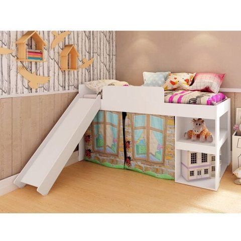 Cama Infantil Playground 191,7x192cm com Escorregador e Cortina Branco Cm3092 Meu Fofinho