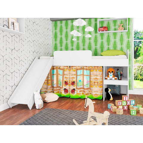 Cama Infantil Playground 191,7x192cm com Escorregador e Cortina Branco CM3092 Meu Fofinho