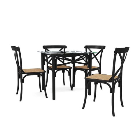 Conjunto Katrina Preto 4 Cadeiras Tampo de Madeira Quadrado 90 Cm Asturias