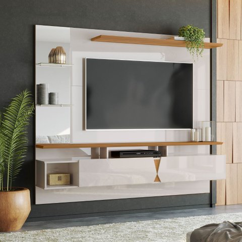 Painel para TV até 55 Polegadas Intense Off White Damasco com Nicho Decorativo – Lukaliam
