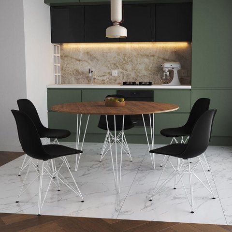 Mesa Jantar Redonda 110cm Amêndoa Clips 3 Pés com 5 Cadeiras Eames Eiffel Pretas Ferro Branco