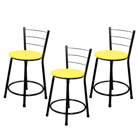 3 Banquetas Baixa para Cozinha Epoxi Preta:amarelo
