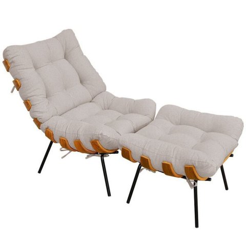 Poltrona Costela L02 com Puff Sala de Estar Linho Bege