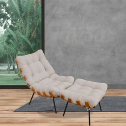 Poltrona Costela L02 com Puff Sala de Estar Linho Bege - 6