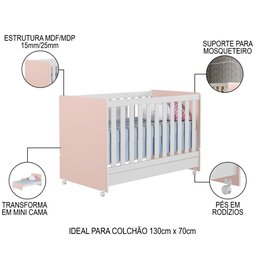 Berço Americano Mini Cama com Rodízios Charme P14 Branco/rosa - Mpozenato - 3 Berço Americano Mini Cama com Rodízios Charme P14 Branco/rosa - Mpozenato - 3