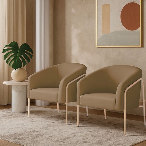 Poltrona Sala Industrial Alta Champanhe Kit 2 Stella Suede Marrom R D03 - D’Rossi