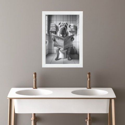 Quadro Banheiro Coleção Animais - Sharpei 33x24cm - com Vidro:madeira Branca