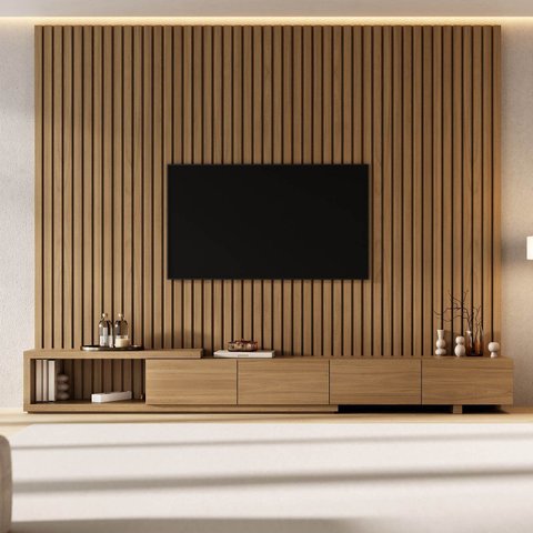 Rack Extensível com Painel Ripado TV 86 Polegadas Planejado 280x250cm Aruá CabeCasa MadeiraOriginals