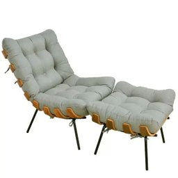 Poltrona Costela com Puff Sala de Estar Linho Cinza  - Lyam Decor - 1