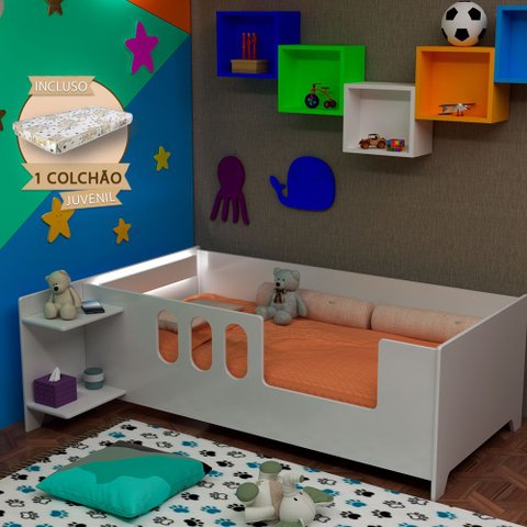 Cama Juvenil Infantil Livia com Led Usb Prateleiras Divaloto Acompanha Colchão D18 - Branco