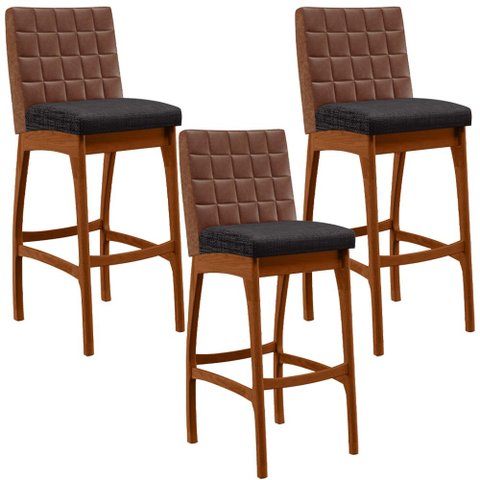 Kit 03 Banquetas Altas Cozinha Sala Jantar Fixa Mila B04 Couríssimo Marrom Linho Chumbo - Lyam