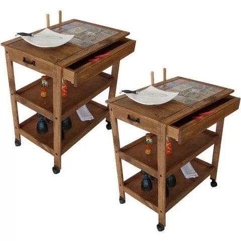 Kit 02 Carrinhos de Churrasco Mesa Gourmet Churrasqueira Madeira Maciça Imbuia - Lyam Decor