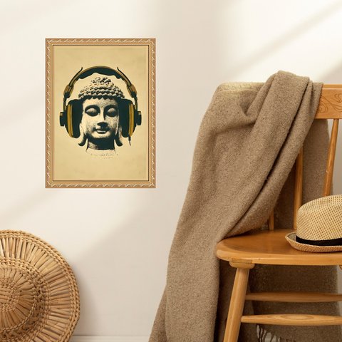 Quadro Moldura Dourada Fone de Ouvido 24x18cm:com Vidro