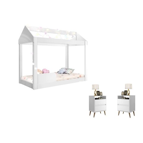 Quarto Infantil Completo com Mesa de Cabeceira Lotus 2 Gavetas e Cama Montessoriana Crystal Branco -