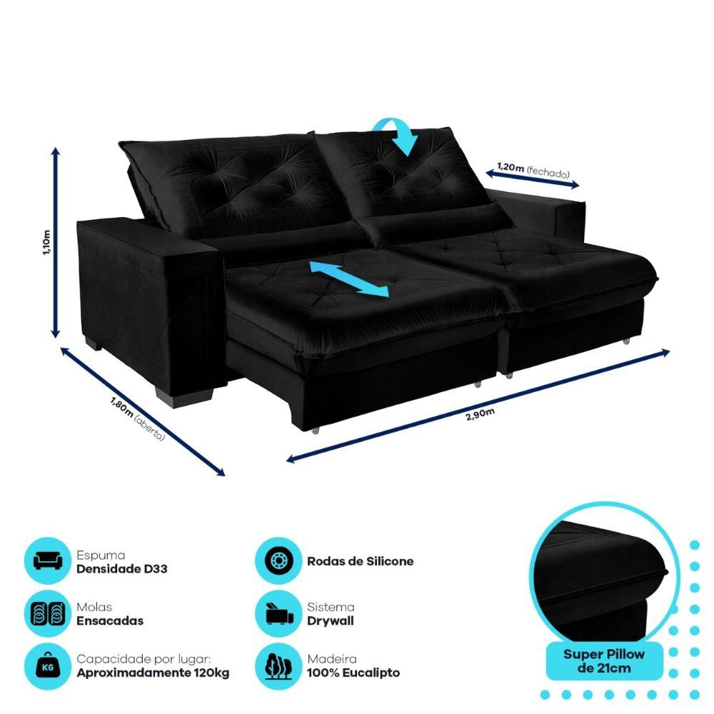 Sofá Cancún Retrátil e Reclinável 2,90M Velusoft Preto com Molas Ensacadas Pillow Top - Sofá Casa - 3