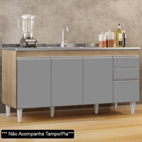 Balcão Gabinete 160cm Sem Tampo 4 Portas 2 Gavetas cinza