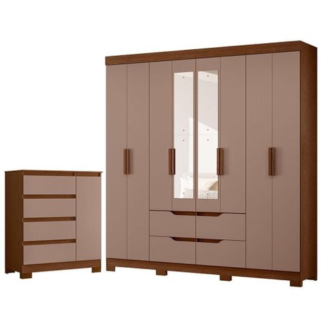 Guarda Roupa Casal Doble 8 Portas de Bater com Espelho e Cômoda Sapateira 4 Gavetas Nogueira