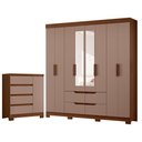 Ver imagem 1 de Guarda Roupa Casal Doble 8 Portas de Bater com Espelho e Cômoda Sapateira 4 Gavetas Nogueira