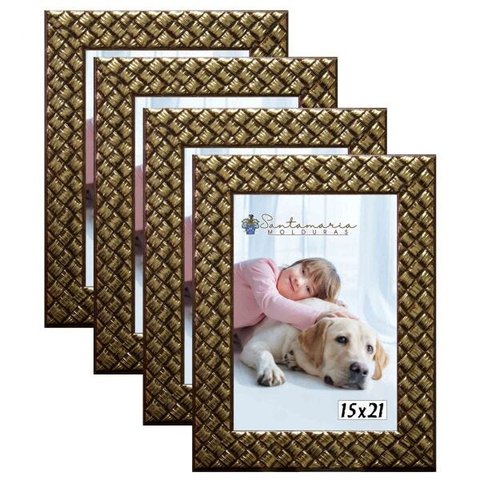 Kit 4 Molduras Porta Retrato 15x21 3cm Relevo Dourado