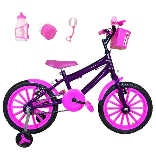 Bicicleta Infantil Aro 16 Roxa Kit Pink com Acessórios - 1