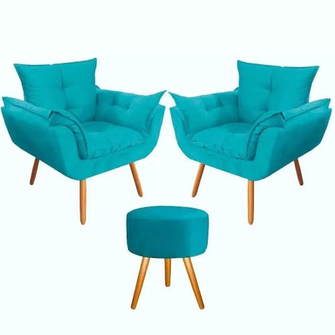 Kit 2 Poltronas Opalas com Puff Redondo Suede Azul Turquesa