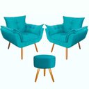Ver imagem 1 de Kit 2 Poltronas Opalas com Puff Redondo Suede Azul Turquesa