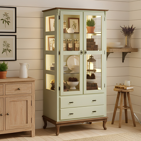 Cristaleira com Espelho 2 Portas 2 Gavetas e Pés Luiz Xv Sevilha - Verde Chá com Tampo e Base Imbuia