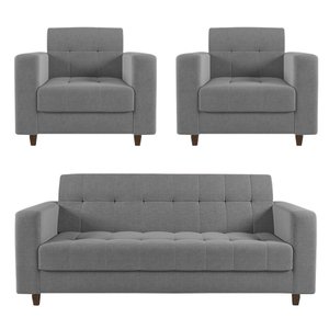 Sofá 2 Lugares e 2 Poltronas Pé Madeira Tabaco Arezo Linho Grafite D01 - D’Rossi