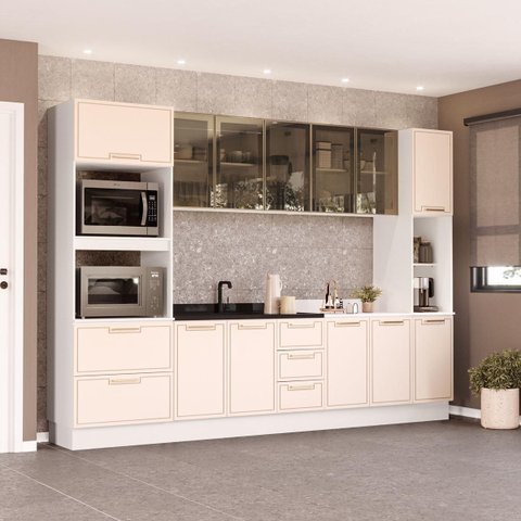 Cozinha Amara 310cm Aéreos de Vidro Torre Quente Paneleiro Balcões Rodapé Branco/Creme 250776